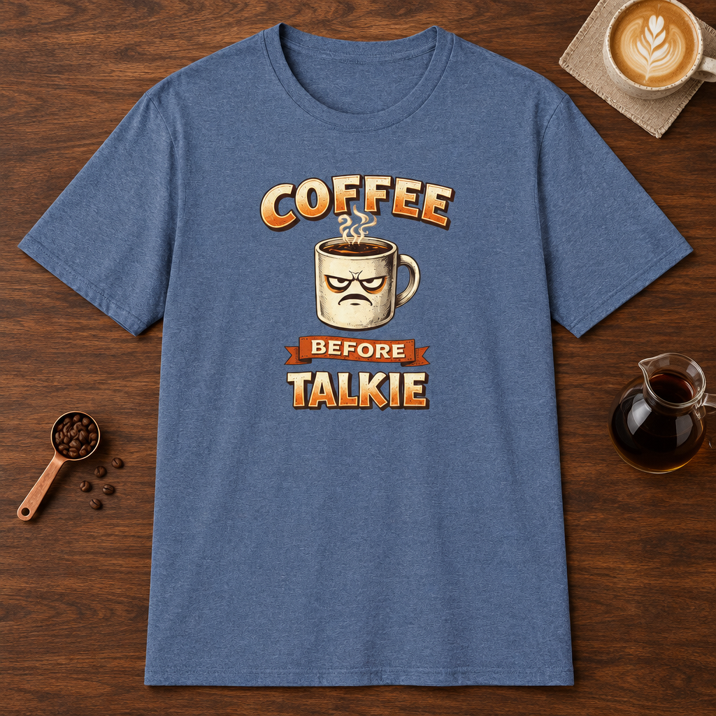 Coffee Before Talkie T-Shirt Heather Indigo coffee bar mockup