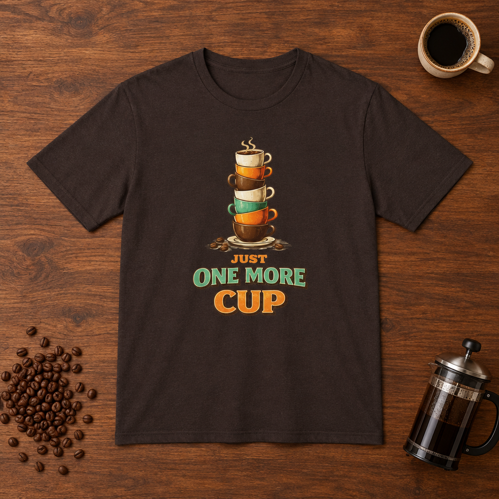 Just One More Cup T-Shirt Dark Chocolate coffee-bar flat lay