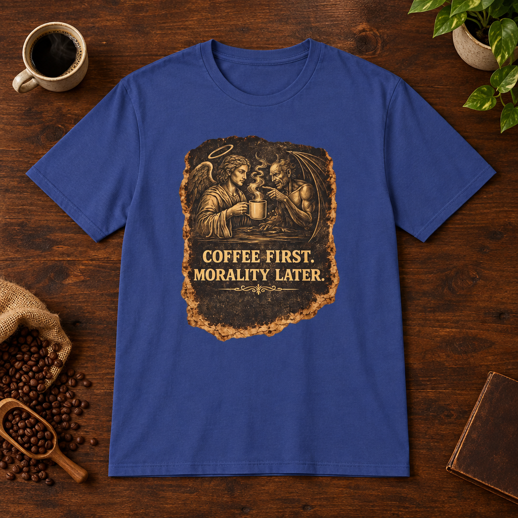 Heaven and Hell T-Shirt Metro Blue short-sleeve coffee-bar flat lay