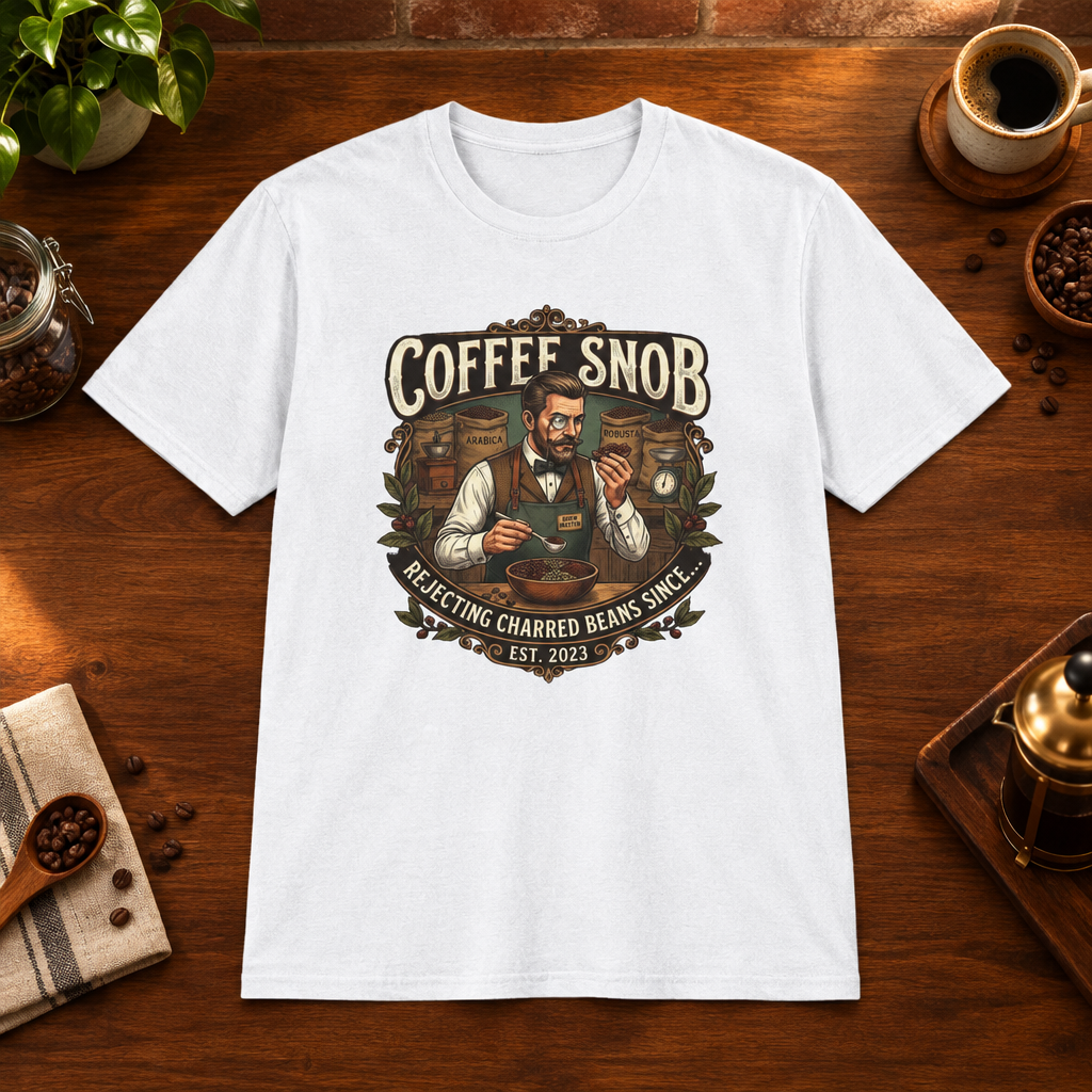 Coffee Snob Male T-Shirt White short-sleeve coffee-bar flat lay