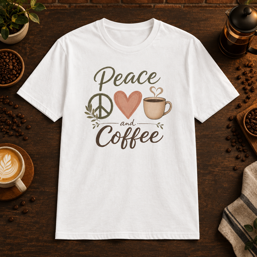 Peace, Love and Coffee T-Shirt in White, coffee bar flat lay mockup