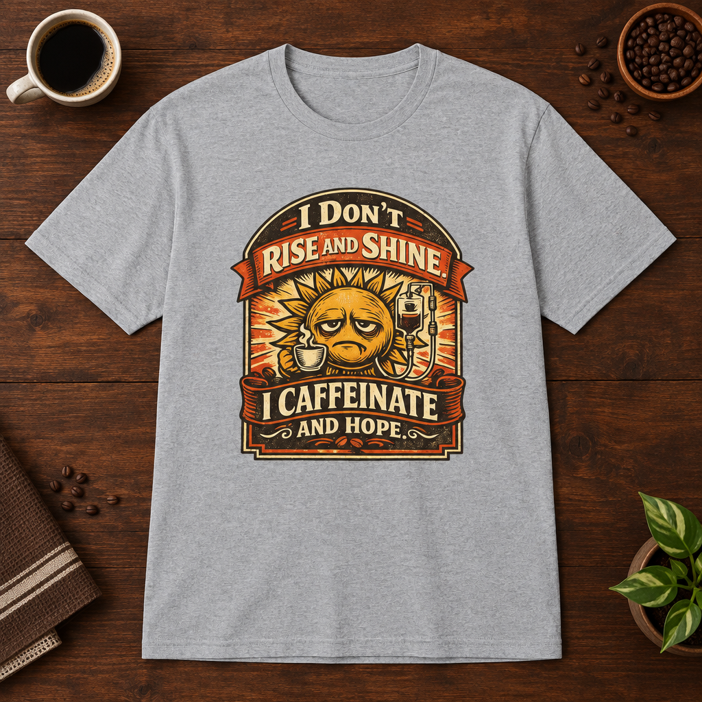 I Don't Rise and Shine T-Shirt Sport Grey short-sleeve coffee-bar flat lay