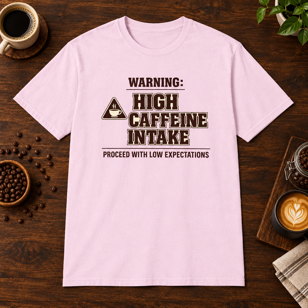 Caffeine Warning T-Shirt Light Pink short-sleeve coffee-bar flat lay
