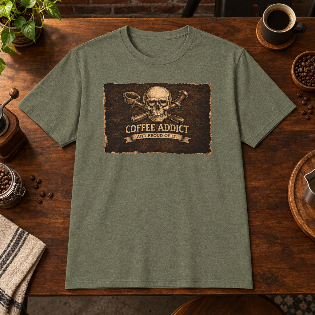 Proud Coffee Addict T-Shirt Heather Military Green close-fill short-sleeve coffee-bar flat lay