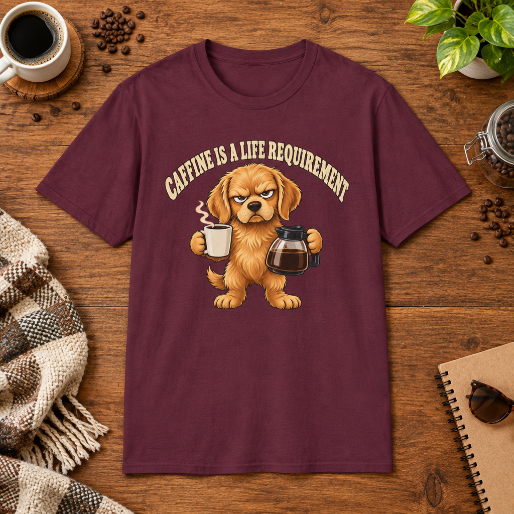 Caffeine is a Life Requirement T-Shirt in Light Blue, lifestyle mockup