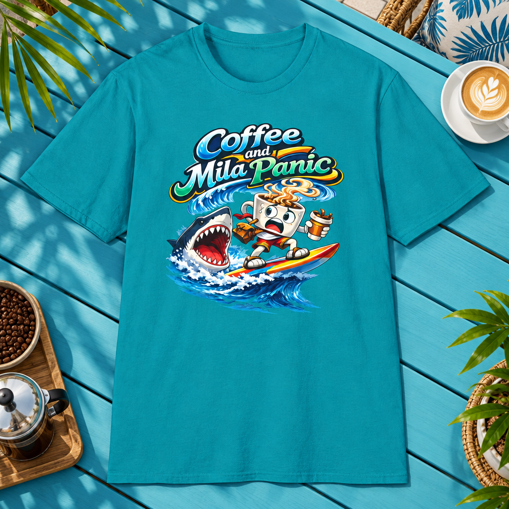 Coffee and Mild Panic 2 T-Shirt in Heather Maroon, zoomed lifestyle mockup