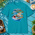Coffee and Mild Panic 2 T-Shirt in Heather Maroon, zoomed lifestyle mockup