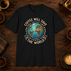 Coffee Will Save The World T-Shirt in Black, overhead coffee-bar flat-lay mockup