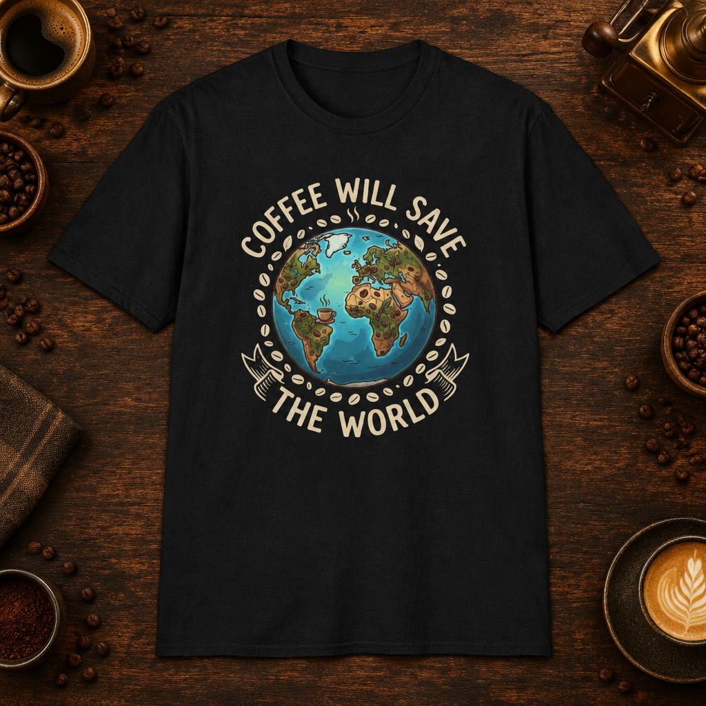 Coffee Will Save The World T-Shirt in Black, overhead coffee-bar flat-lay mockup