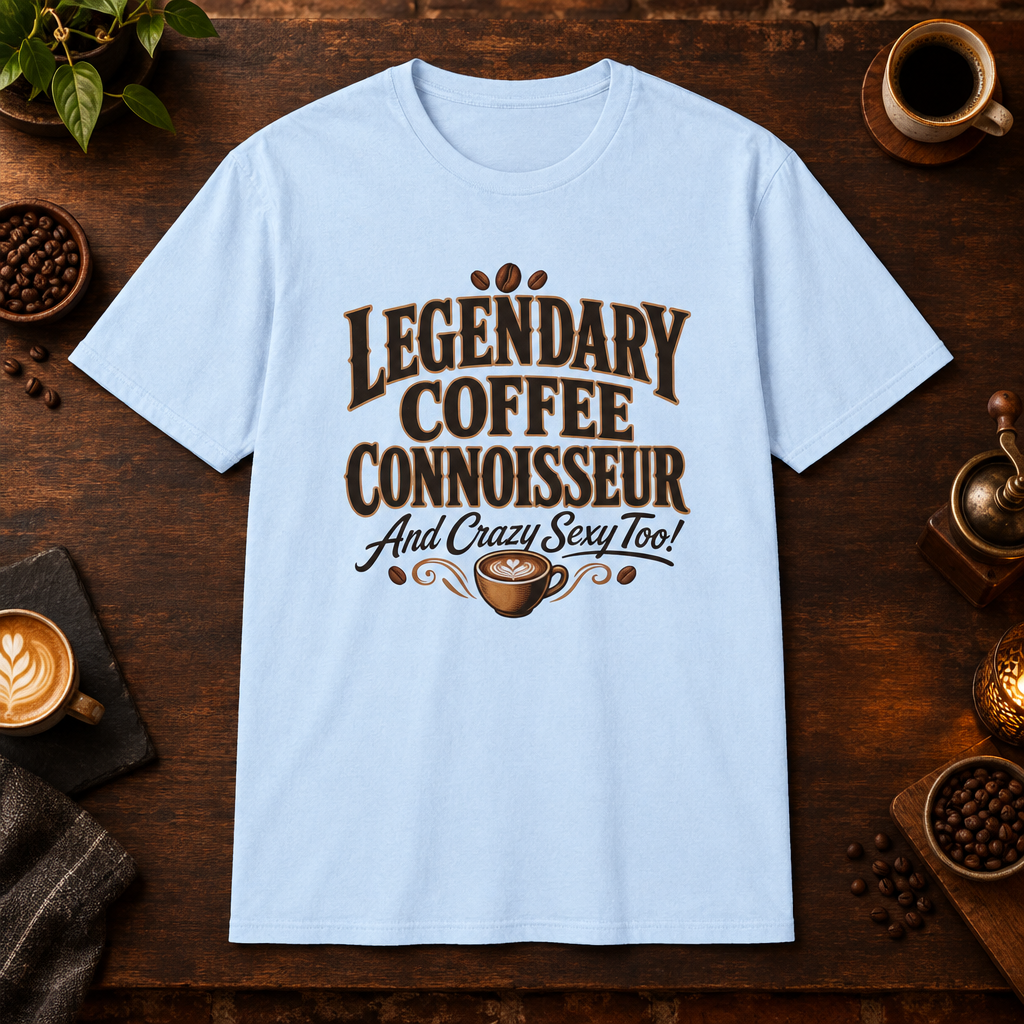 Legendary Coffee Connoisseur T-Shirt in Light Blue, coffee bar flat lay mockup