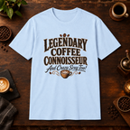 Legendary Coffee Connoisseur T-Shirt in Light Blue, coffee bar flat lay mockup
