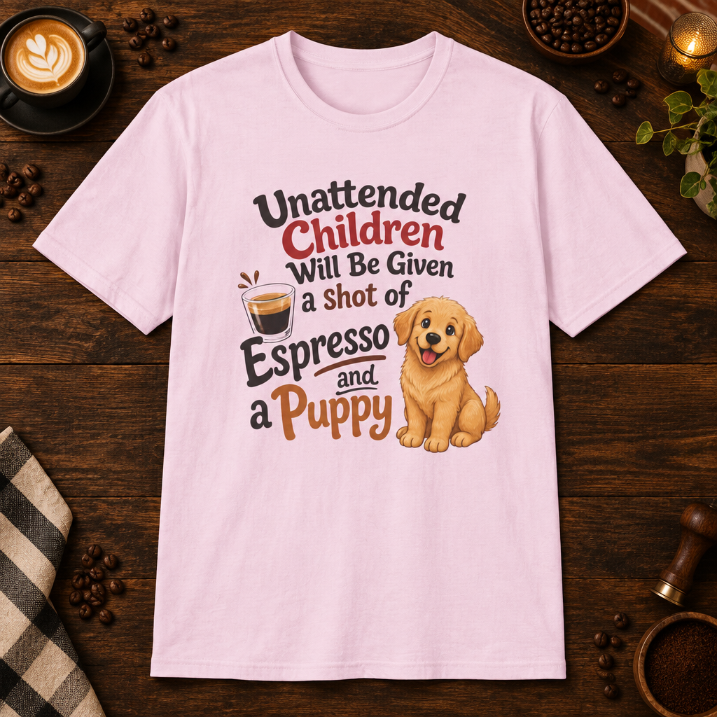 Espresso and a Puppy T-Shirt in Light Pink, overhead coffee-bar flat-lay mockup