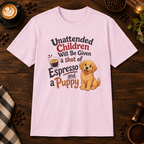Espresso and a Puppy T-Shirt in Light Pink, overhead coffee-bar flat-lay mockup