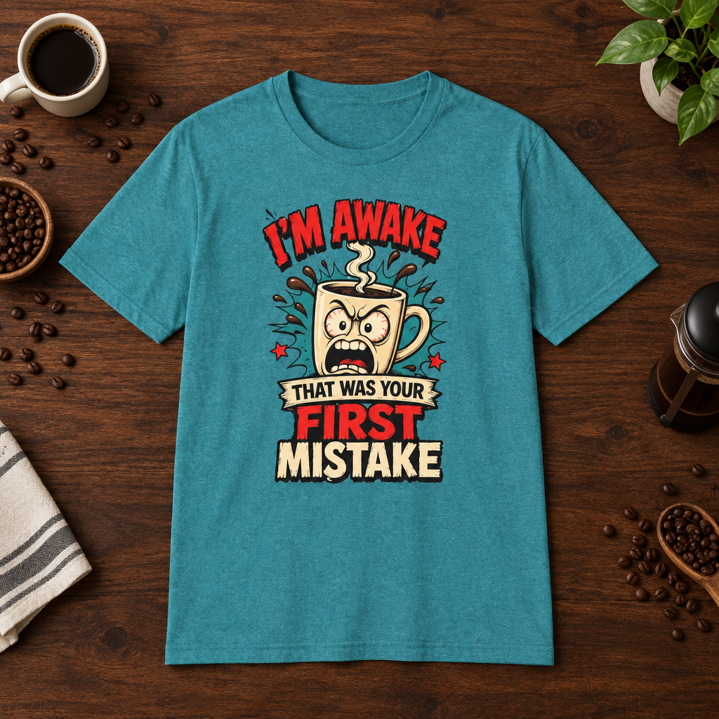 I'm Awake T-Shirt Heather Galapagos Blue short-sleeve coffee-bar flat lay