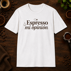 Espresso mi opinión T-Shirt in White, overhead coffee-bar flat-lay mockup