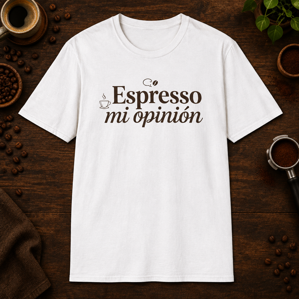 Espresso mi opinión T-Shirt in White, overhead coffee-bar flat-lay mockup