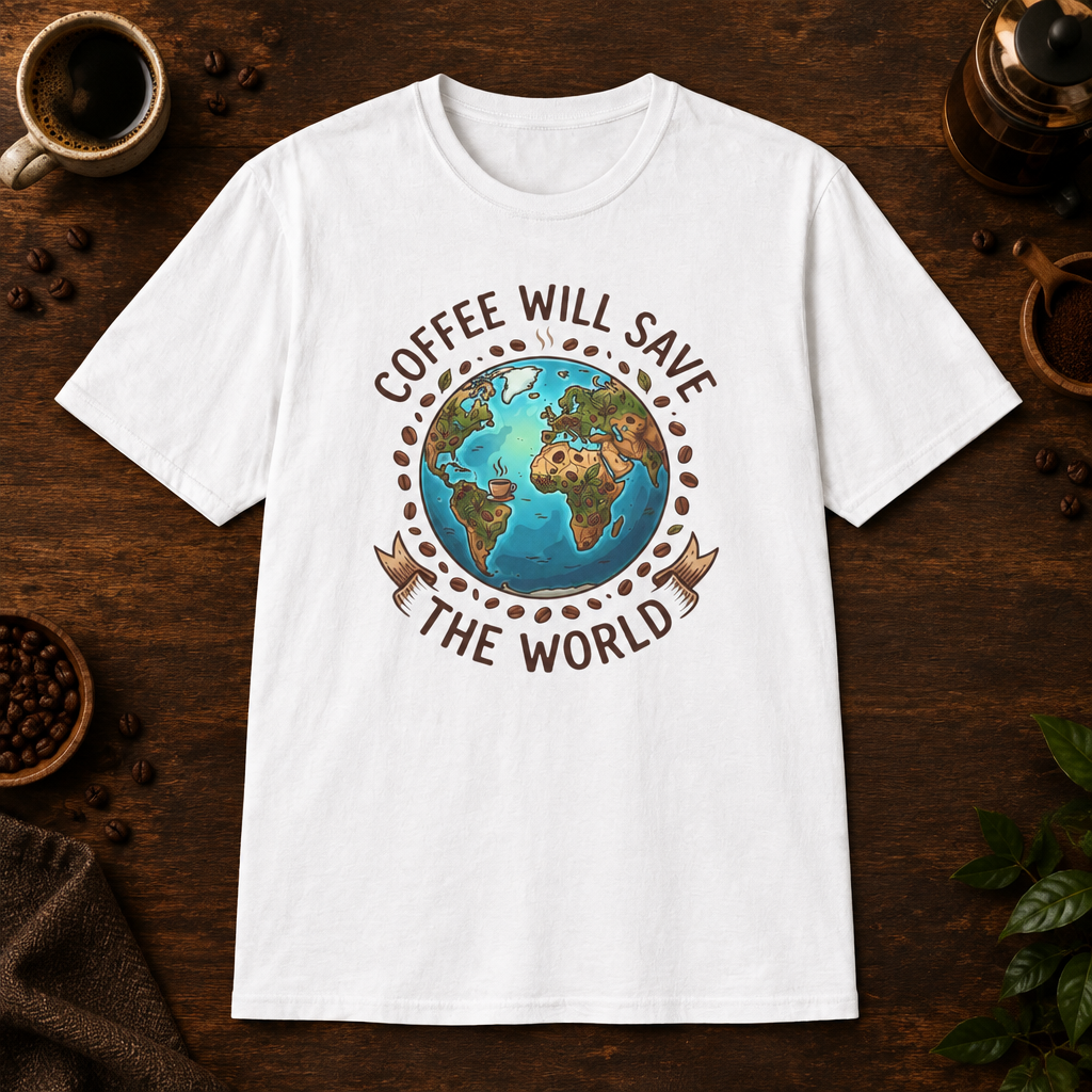 Coffee Will Save The World T-Shirt in White, overhead coffee-bar flat-lay mockup