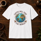 Coffee Will Save The World T-Shirt in White, overhead coffee-bar flat-lay mockup