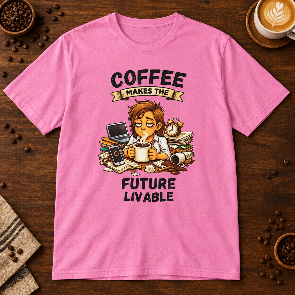 Coffee Makes the Woman T-Shirt in Azalea on a dark wood coffee bar