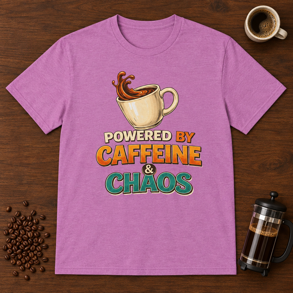 Powered by Caffeine and Chaos T-Shirt Heather Radiant Orchid coffee-bar flat lay