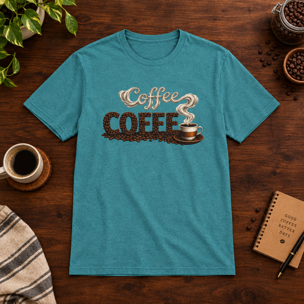 Coffee T-Shirt Heather Galapagos Blue coffee-bar flat lay