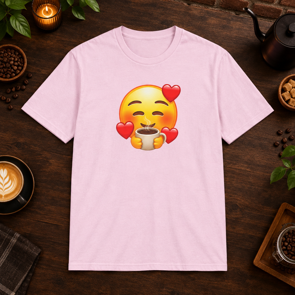 Coffee Lover T-Shirt in Light Pink, coffee bar flat lay mockup