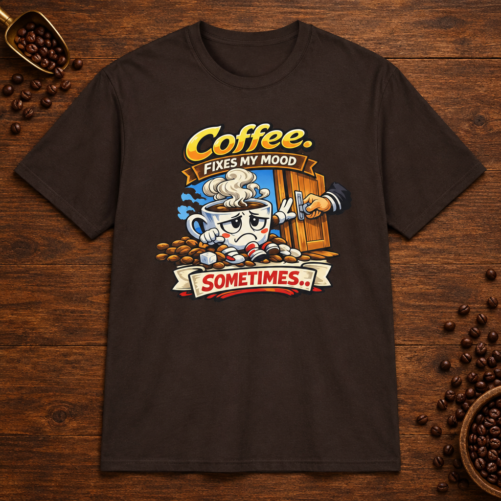 Coffee Fixes My Mood Sometimes T-Shirt in Dark Chocolate, premium zoom-in mockup