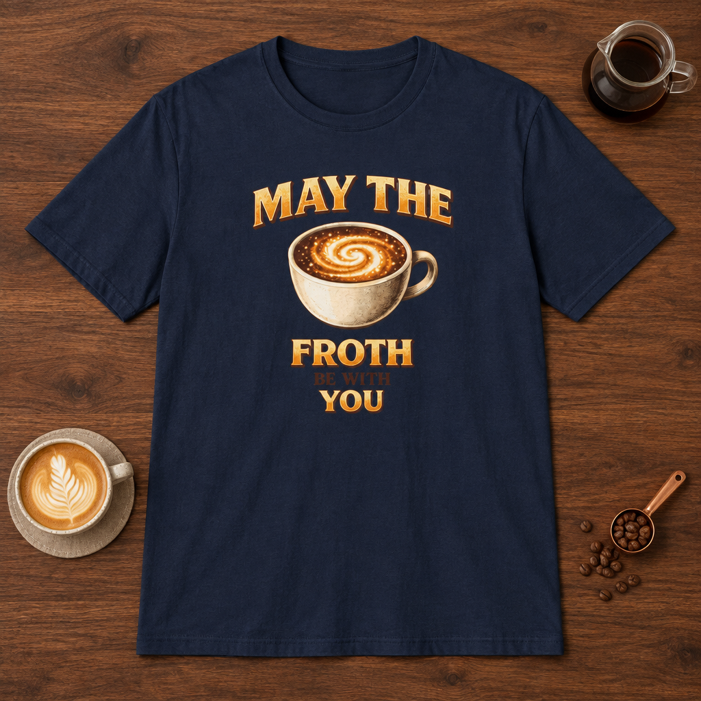 May the Froth Be With You T-Shirt Navy coffee bar mockup