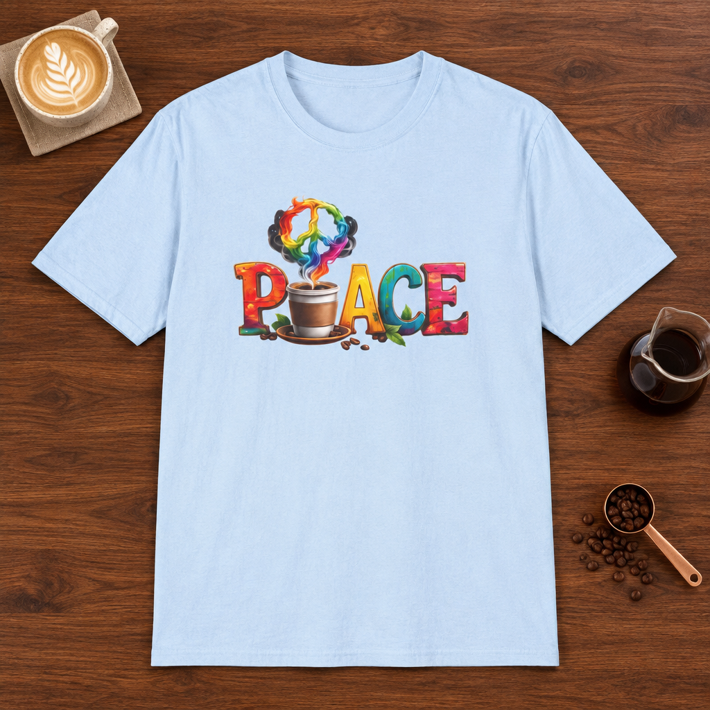 Peace T-Shirt Light Blue coffee bar mockup