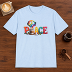Peace T-Shirt Light Blue coffee bar mockup