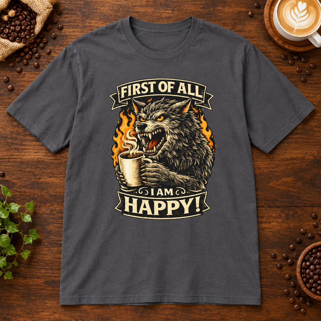 I Am Happy T-Shirt Charcoal on warm coffee bar