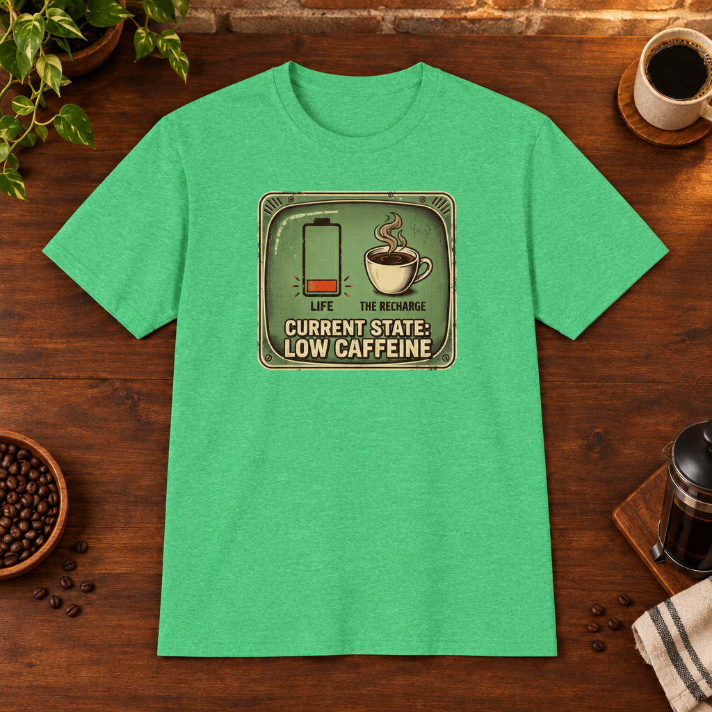 Current State T-Shirt Heather Irish Green coffee-bar flat lay, Sport Grey-matched framing