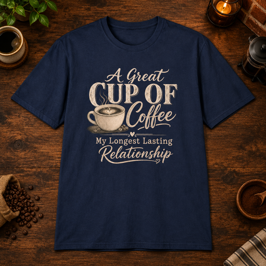 A Great Cup of Coffee T-Shirt Navy flat-lay mockup