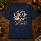 A Great Cup of Coffee T-Shirt Navy flat-lay mockup