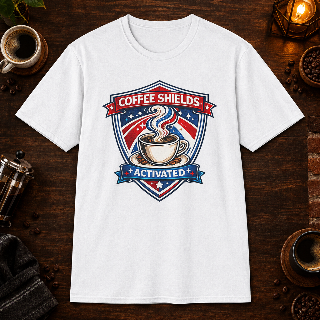 Coffee Shields Activated T-Shirt in Heather Maroon, zoomed lifestyle mockup