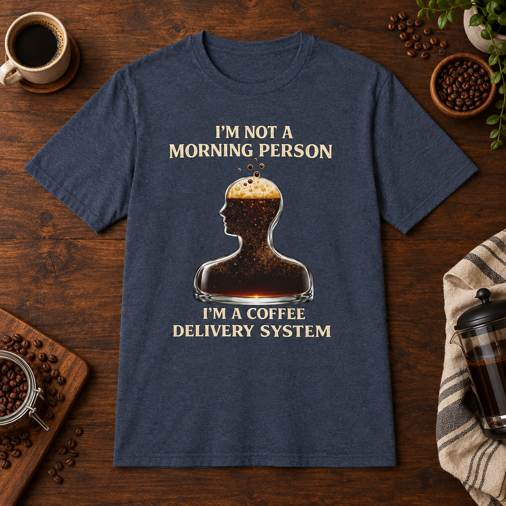 Not a Morning Person T-Shirt Heather Navy short-sleeve coffee-bar flat lay