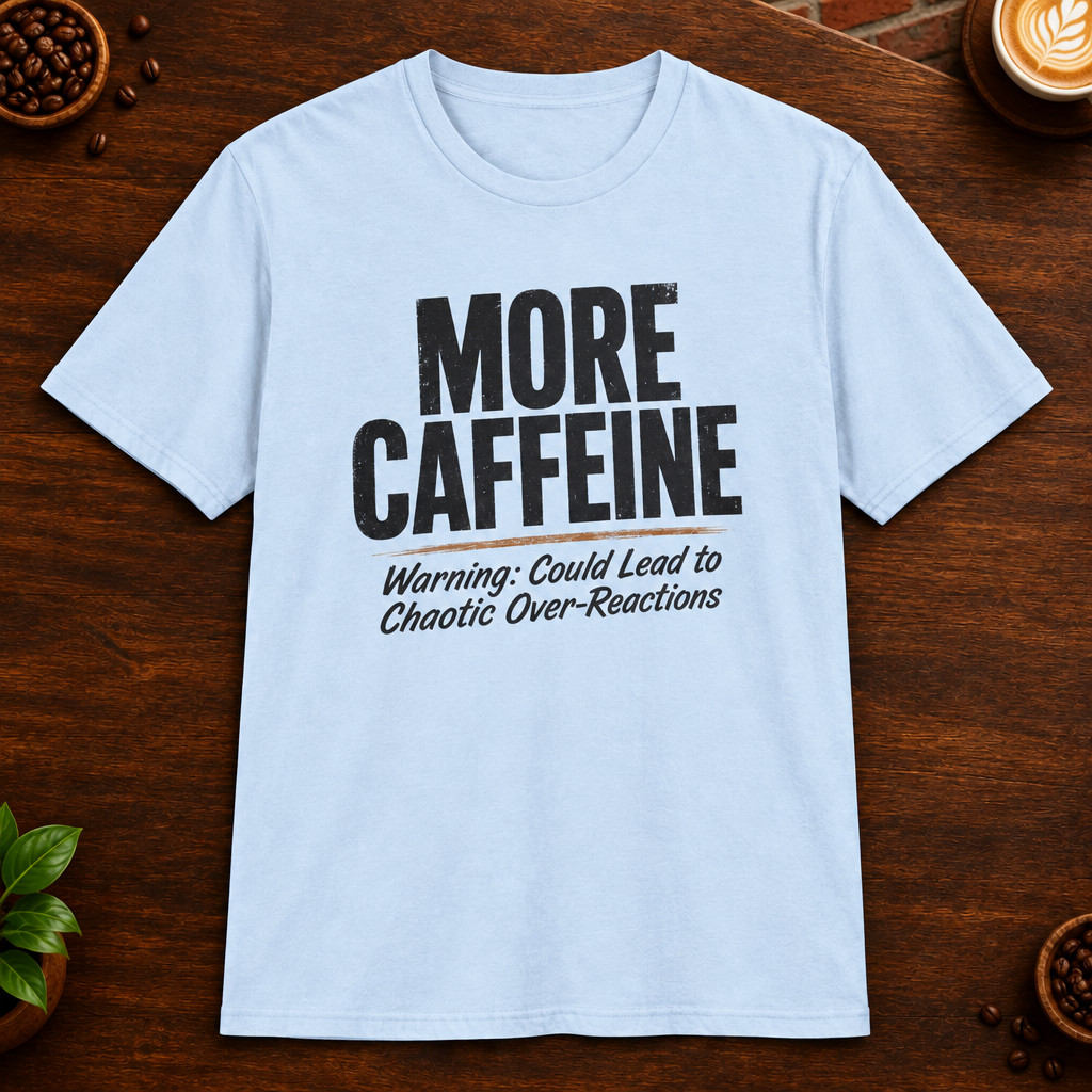 More Caffeine T-Shirt in Light Blue on a dark wood coffee bar