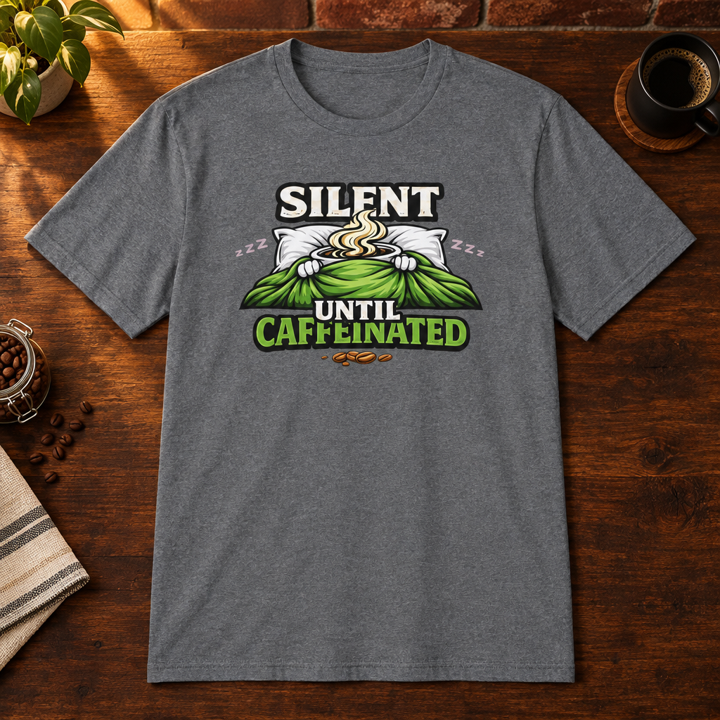 Silent Until Caffeinated T-Shirt Graphite Heather close-fill short-sleeve coffee-bar flat lay