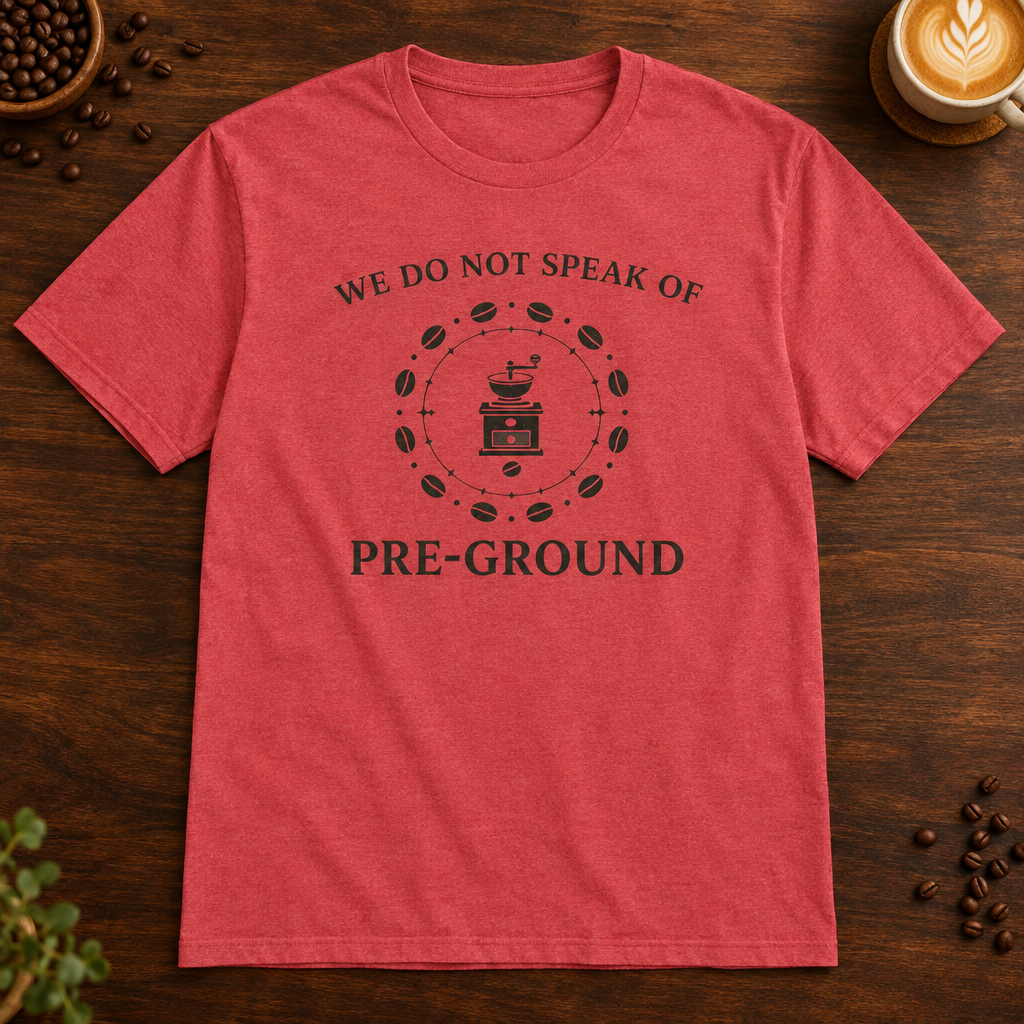 Pre-Ground T-Shirt in Heather Red on a dark wood coffee bar