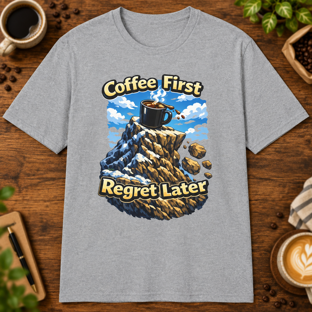 Coffee First Regret Later T-Shirt in White, zoomed lifestyle mockup