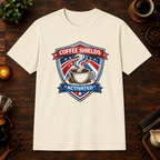Coffee Shields Activated T-Shirt in Antique Sapphire, zoomed lifestyle mockup