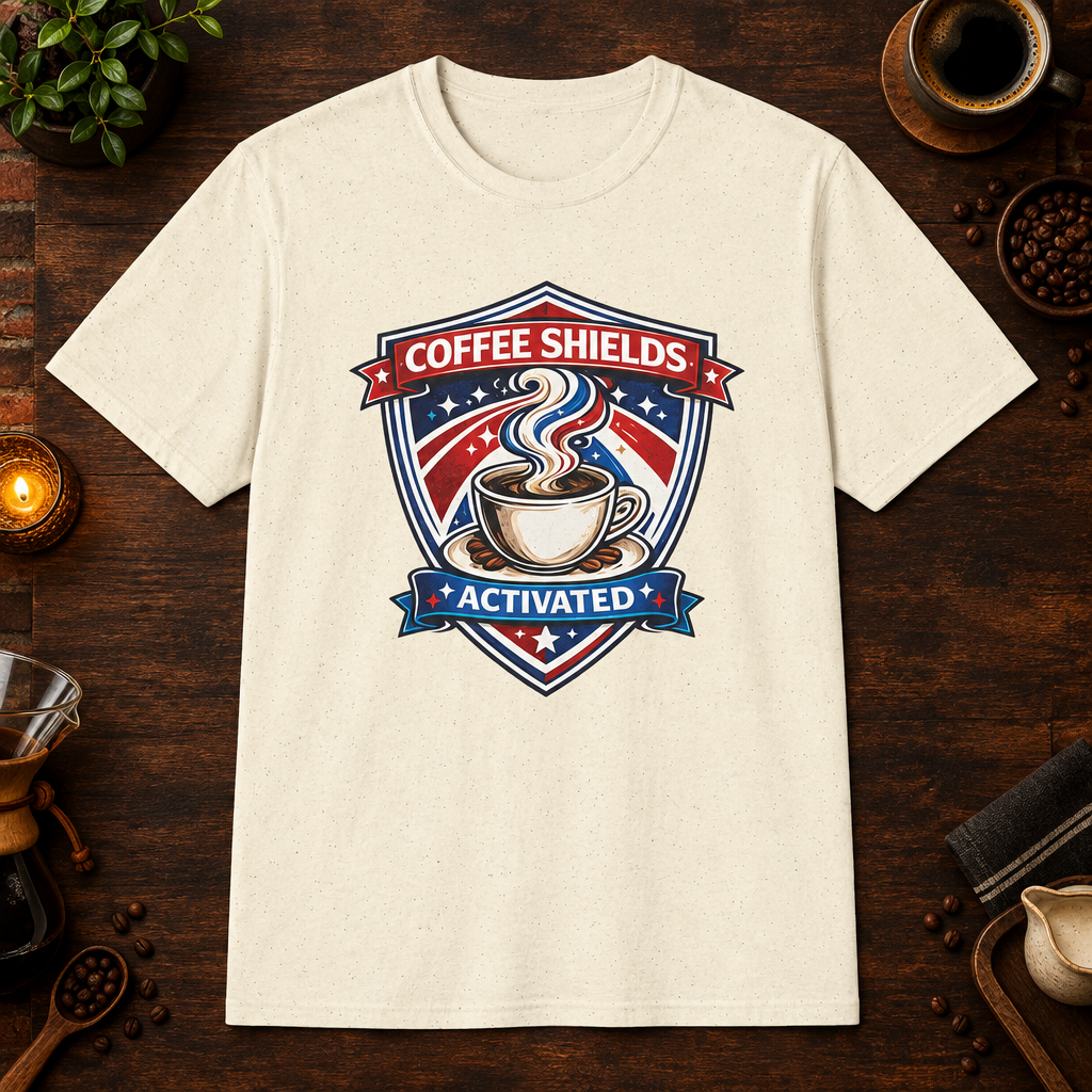 Coffee Shields Activated T-Shirt in Antique Sapphire, zoomed lifestyle mockup