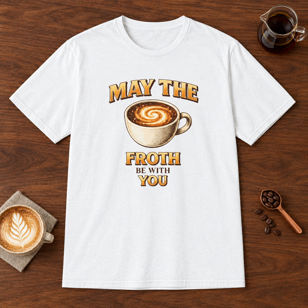 May the Froth Be With You T-Shirt White coffee bar mockup