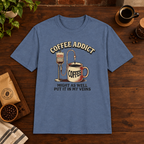 Coffee Addict T-Shirt Heather Indigo short-sleeve coffee-bar flat lay