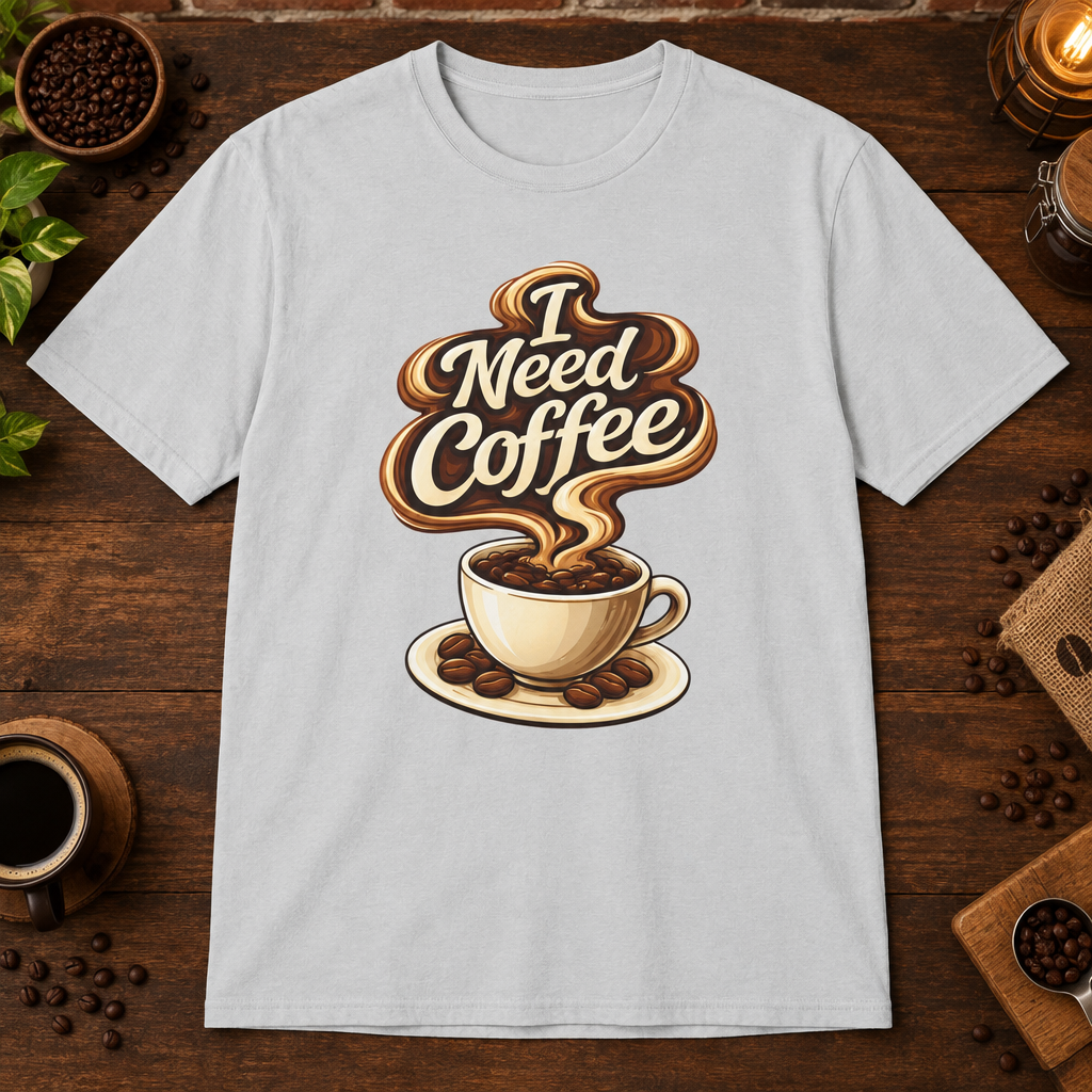 I Need Coffee T-Shirt Ice Grey close-fill short-sleeve coffee-bar flat lay