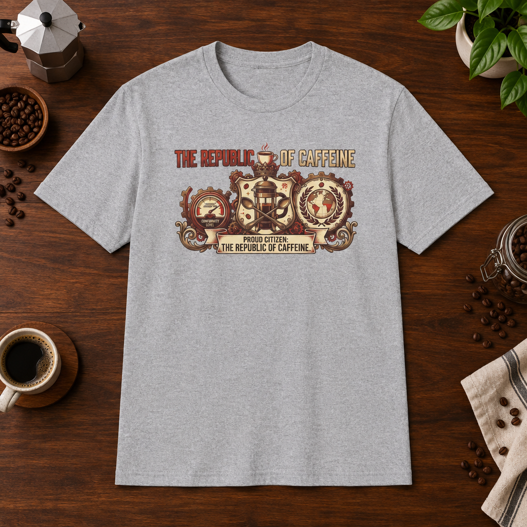 Republic of Caffeine T-Shirt Sport Grey short-sleeve coffee-bar flat lay