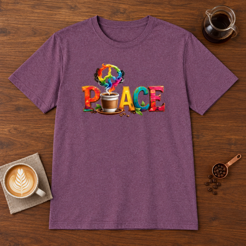 Peace T-Shirt Heather Maroon coffee bar mockup