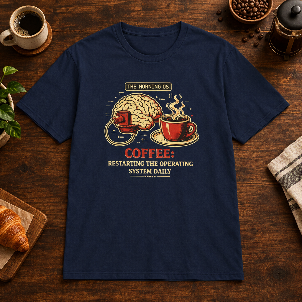 Coffee OS T-Shirt Navy short-sleeve coffee-bar flat lay