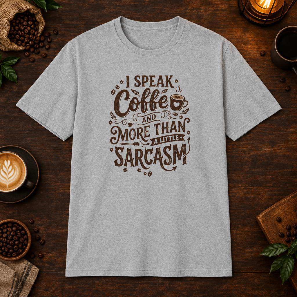 I Speak Coffee T-Shirt in Sport Grey, coffee bar flat lay mockup
