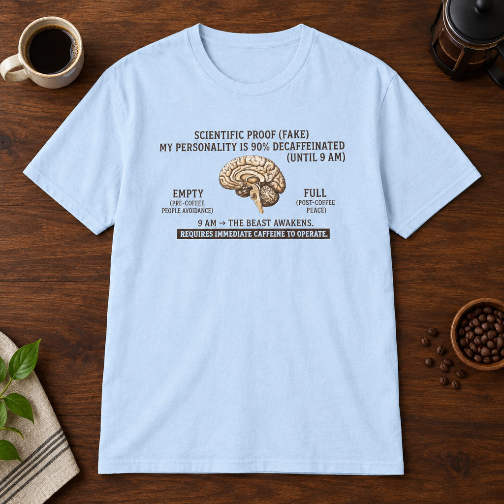 Scientific Proof T-Shirt Light Blue coffee-bar flat lay